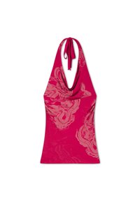 Red halter top with light pink dragon patterns and a tie closure at the neck, sleeveless with a plunging neckline.