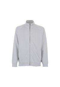 Giacca leggera grigia con zip, texture a costine, colletto alto, tasche laterali e un piccolo accento rosso vicino all'orlo.
