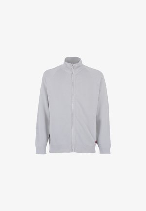 Lichtgrijze zip-up jas, geribbelde textuur, staande kraag, zijzakken en een kleine rode accent bij de zoom.