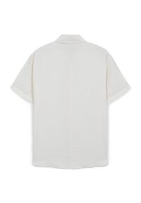 Camicetta bianca a maniche corte con colletto, in tessuto strutturato e con orlo dritto. Design semplice senza ulteriori motivi o accenti.