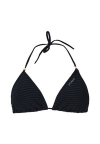 Top de bikini negro con un diseño triangular texturizado, lazos ajustables y un pequeño logo de la marca en el lado izquierdo.