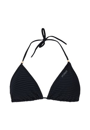 Haut de bikini noir avec un design triangulaire texturé, des liens réglables et un petit logo de la marque sur le côté gauche.