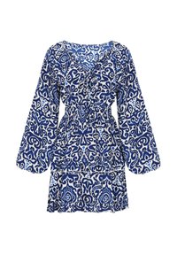 Rochie albastră și albă cu mâneci lungi, din material cu model, decolteu în formă de V, talie elastică și tiv faldat. Prezintă desene florale abstracte.