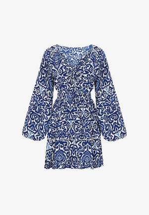 Sinine ja valge kleit pikki varrukatega, mustriline kangas, V-kaelus, elastne vöökoht ja lainelise äärega. Omab abstraktseid lillemotiive.