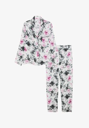 Blomstrede pyjamas sæt med en knap-op top med lange ærmer og matchende bukser. Stof i hvid med pink og sort blomster mønster.