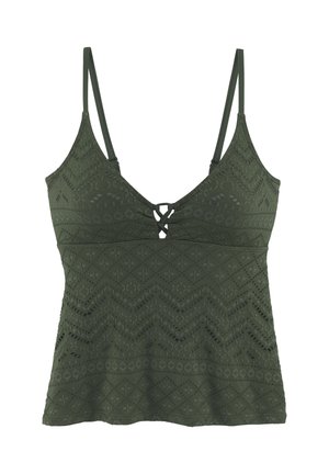Ärmelloses olivgrünes Camisole-Top mit dünnen verstellbaren Trägern, spitzenähnlichen geometrischen Mustern und einem kleinen gekreuzten Detail am Ausschnitt.