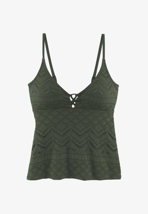 Sleeveless olive green camisole top with thin adjustable straps, lace-like geometric patterns, and a small crisscross detail at the neckline.