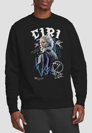 Schwarzer Sweatshirt mit einem Grafik eines Charakters mit grauem Haar, umgeben von blauen und weißen Akzenten sowie Textelementen.