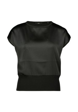 Black short-sleeve top with a smooth, slightly textured body and a ribbed hem. Features a crew neckline and relaxed fit.
