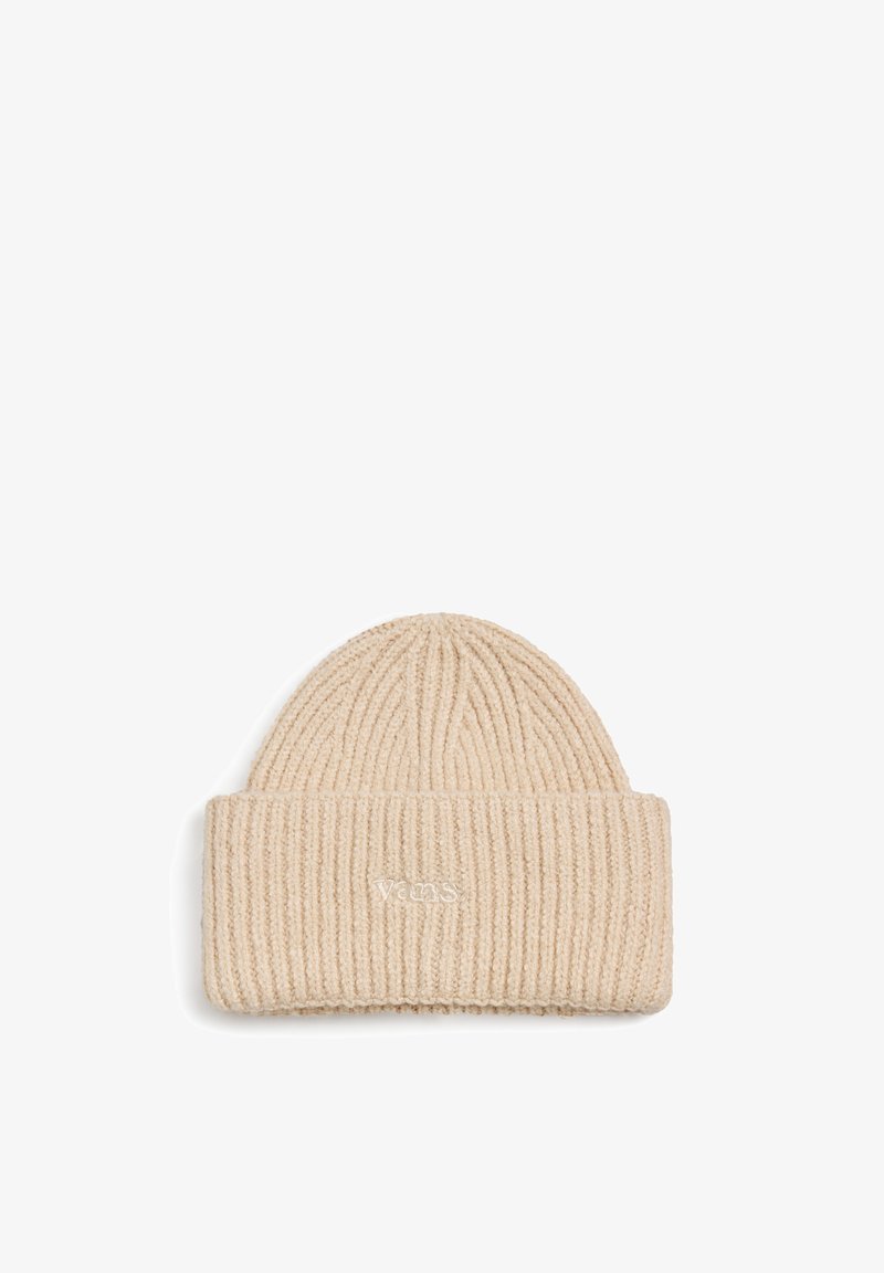 Włóczkowa czapka beanie w jasnym beżu z prążkowaną strukturą i zagiętym brzegiem. Posiada haftowane logo z przodu.
