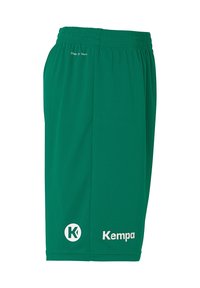 Shorts de sport verts en tissu léger, dotés d'une taille élastique et d'accents de logo blancs en bas à gauche et à droite.
