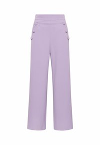 Pantaloni a gamba larga color lilla chiaro con una texture liscia, vita alta e bottoni decorativi sulle tasche laterali.