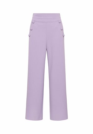 Pantalon large couleur violet clair avec une texture lisse, taille haute et boutons décoratifs sur les poches latérales.
