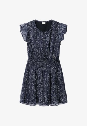 Marineblauwe korte jurk met wit geometrisch bloemenpatroon, kapmouwtjes, elastische taille en knoopdetails op het voorpand.