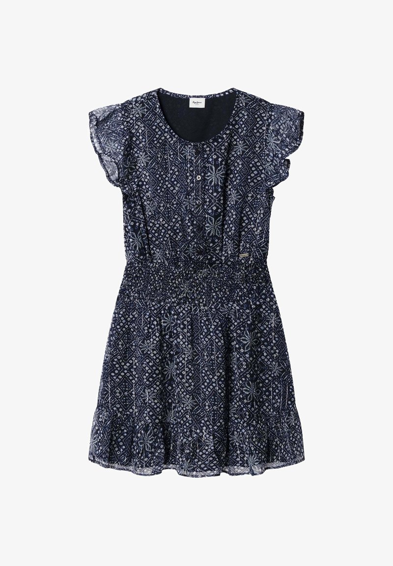 Granatowa krótka sukienka z białym geometrycznym kwiatowym wzorem, krótkimi rękawami typu cap, elastyczną talią oraz guzikami na przednim gorsecie.