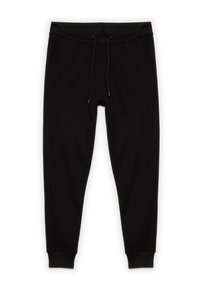 Pantalones de chándal negros hechos de un tejido suave, con cintura ajustable mediante cordón, bolsillos laterales y puños ajustados en los tobillos.