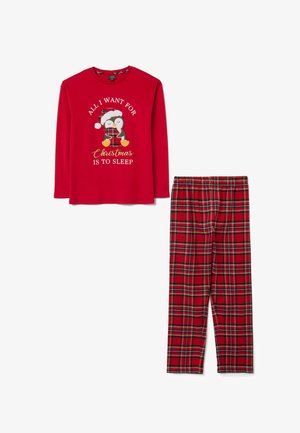 Maglione da pigiama rosso a maniche lunghe con grafica di pinguino e testo; pantaloni da pigiama a quadri rossi e verdi con cintura elastica. Materiale in cotone morbido.