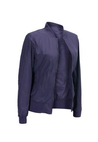 Marineblaues Bomberjacke mit einem Frontreißverschluss, gerippten Bündchen und Saum. Hergestellt aus glattem, leichtem Stoff mit einem schlichten, modernen Design.