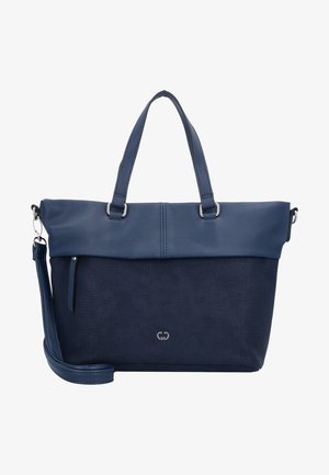 Navy blue handbag with a smooth leather top and textured fabric lower section, featuring dual handles and a detachable shoulder strap.