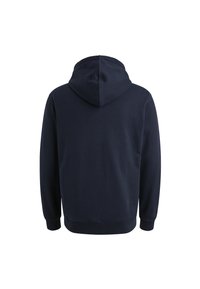 Sudadera azul marino con una textura suave, que presenta una gran capucha, mangas largas y puños y dobladillo acanalados. Diseño simple y sin adornos.