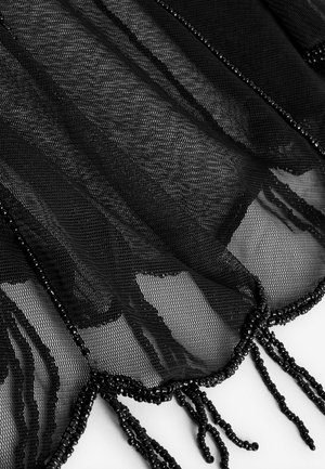 Black mesh fabric with a layered design, featuring beaded accents along the edges. The texture is sheer and lightweight.