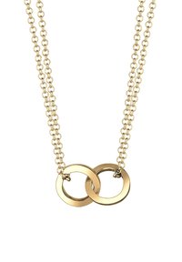 Collier doré avec deux pendentifs circulaires interconnectés. Présente une fine chaîne au design en maillons et une surface lisse et brillante.