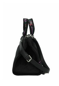 Borsa a tracolla nera in suede con forma triangolare, dotata di una ampia tracolla in tessuto decorata con testo colorato e una tracolla in pelle staccabile.