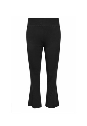 Schwarze, ausgestellte Leggings aus weichem, elastischem Material. Mit einem elastischen Bund und einer glatten Textur über das gesamte Kleidungsstück.