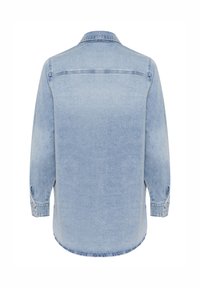 Lyseblå denimskjorte med krave, lange ærmer, knapmanchetter og en buet kant. Struktureret stof med en glat finish.