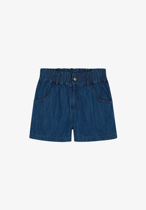 Denim-Shorts in dunklem Blau, mit elastischem Bund, zwei Fronttaschen und einem Knopf aus goldfarbener Metalloptik. Flacher Saum mit leichter Ausbleichung.