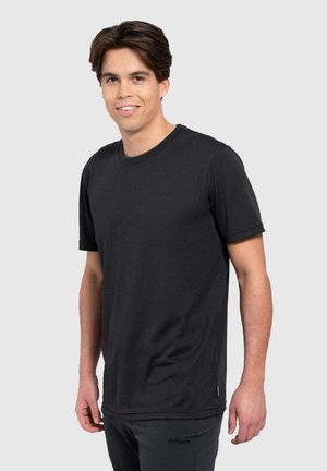 T-shirt nero a maniche corte in tessuto morbido con collo rotondo e orlo dritto, caratterizzato da cuciture minime e un piccolo dettaglio del logo sull'orlo.
