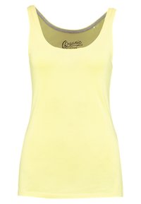 Yellow organic cotton tank top with a scoop neckline, slim fit, and a gray accent at the inner collar. Smooth texture, minimalistic design.