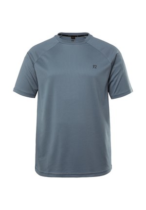 Himmelblaues T-Shirt mit kurzen Ärmeln, Rundhalsausschnitt und Raglanärmeln. Verfügt über ein kleines Logo auf der linken Brust und einen glatten, strukturierten Stoff.