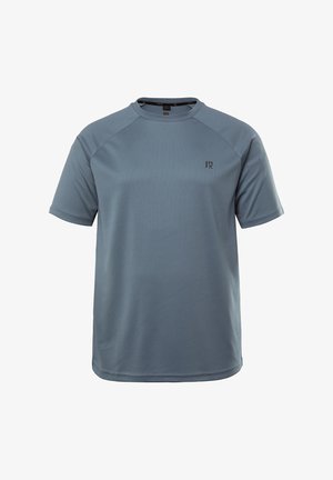 Lichtblauwe t-shirt met korte mouwen, een ronde hals en raglanmouwen. Bevat een klein logo op de linkerkant van de borst en een gladde, textuurstof.