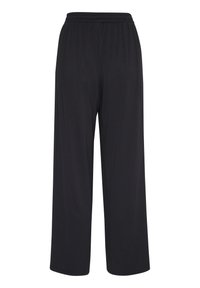 Zwarte wijde broek met een elastische tailleband. Gemaakt van zachte stof, met een gladde textuur en zonder zichtbare patronen of hardware.