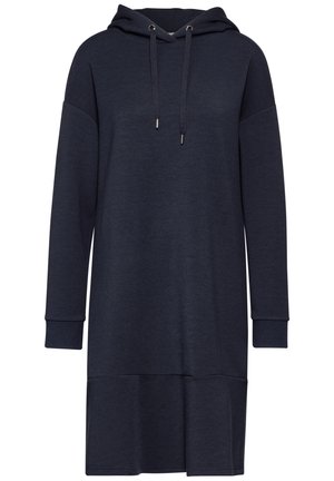 Navyblaues Kapuzenkleid mit langen Ärmeln, Zugbandkapuze und lockerer Passform. Weiche Textur und gerader Saum.