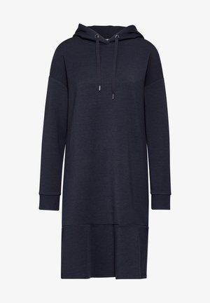 Marineblå hættetrøje kjole med lange ærmer, snor i hætten og en afslappet pasform. Blød tekstur og en jævn kant.