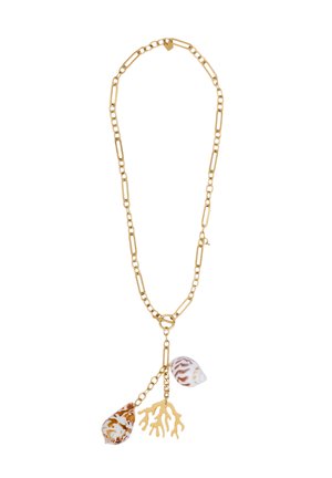 Gold chain necklace featuring a mix of links, adorned with two seashell charms and a coral accent, showcasing intricate textures and patterns.