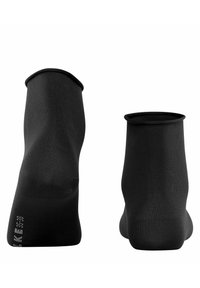 Calcetines negros hasta el tobillo, fabricados con un tejido suave, que presentan un diseño sin costuras y puños elásticos. Incluyen marcas de talla en la parte inferior.