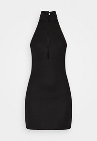 Vestido mini preto sem mangas com colarinho alto e um recorte oval central, confeccionado em um tecido liso e elástico. Design sem costuras.