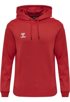 Rode capuchontrui van gladde stof met lange mouwen. Bevat een zak aan de voorkant en een wit logo op de borst, met witte zijkanten.