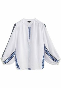 Witte blouse met een ronde hals en lange mouwen. Voorzien van blauwe geometrische borduursels langs de schouders en zijkanten. Lichtgewicht stof.