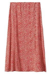 Jupe midi rouge à motif floral blanc. Confectionnée en tissu léger, elle présente une coupe droite et une ceinture élastique.