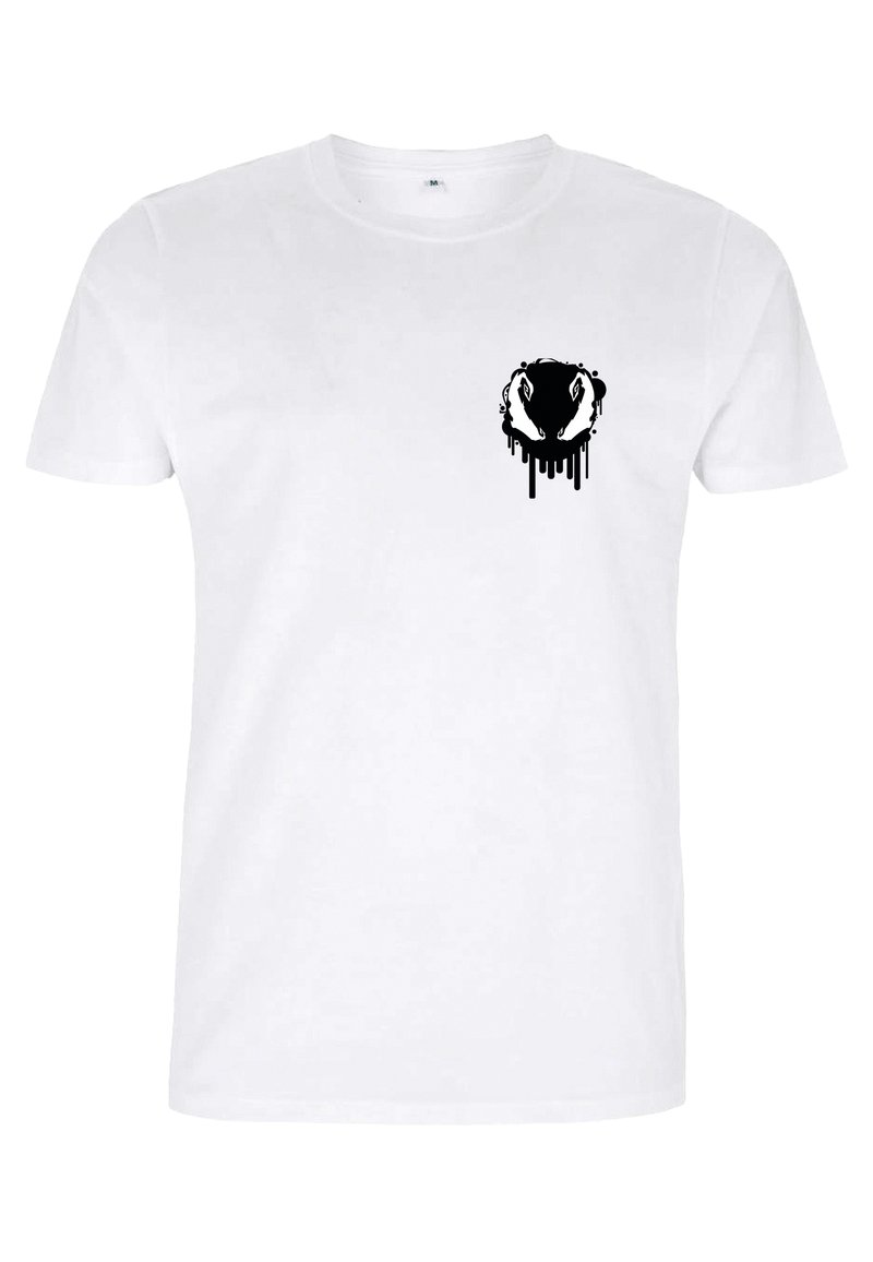 Weißes Baumwoll-T-Shirt mit einem schwarzen grafischen Design eines abstrakten Gesichts mit tropfenden Akzenten im linken Brustbereich.