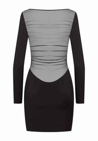 Black long-sleeve dress with a fitted silhouette, featuring a textured grey panel with horizontal lines on the upper bodice.