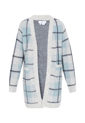 Szürke kardigán világoskék és tengerészkék kockás mintával, nyitott elülső dizájnnal, két elülső zsebével és textúrált belső résszel.