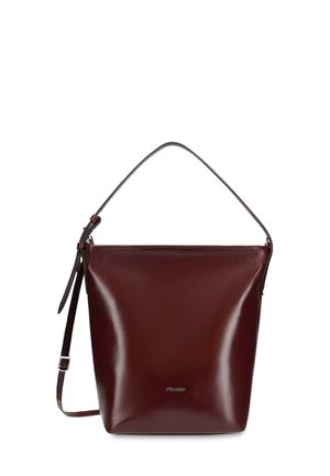 Dunkelbraune Leder-Bucket-Bag mit oberem Griff und verstellbarem Schulterriemen, vorne mittig mit kleinem Metalllogo.