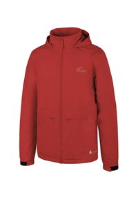 Rote leichte Jacke mit Frontreißverschluss, verstellbarem Kapuzenbad und zwei Fronttaschen. Sie hat schwarze Bündchen und ein Logo auf der linken Brust.
