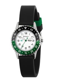 Orologio con cinturino in silicone nero, quadrante bianco, dettagli verdi, cassa argentata e una lunetta rotante verde-nera che indica minuti e ore.