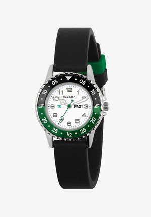 Black silicone strap watch with a white dial, green accents, silver case, and a rotating green-black bezel indicating minutes and hours.